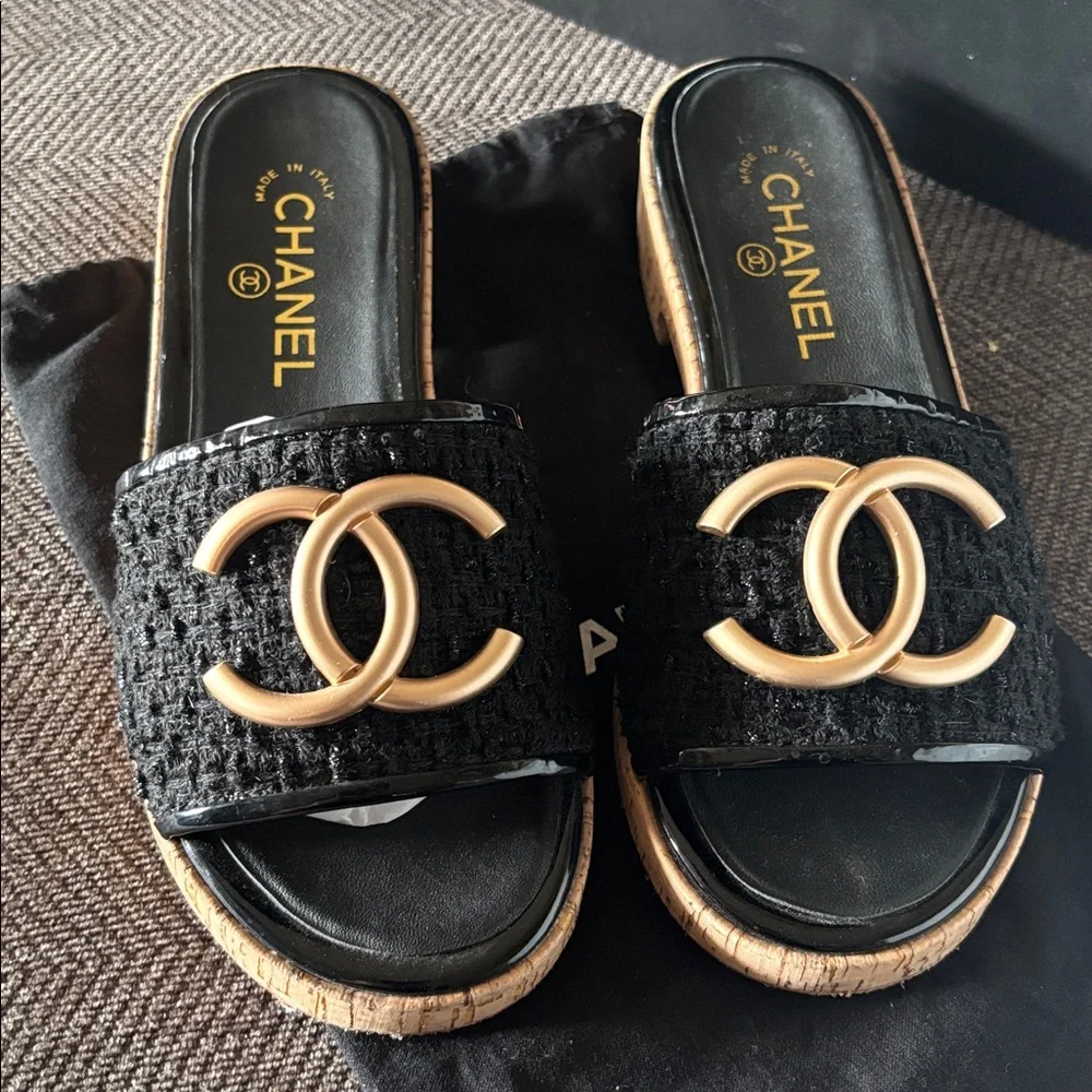 Chanel Tweed Cork CC Mule Sandals 2